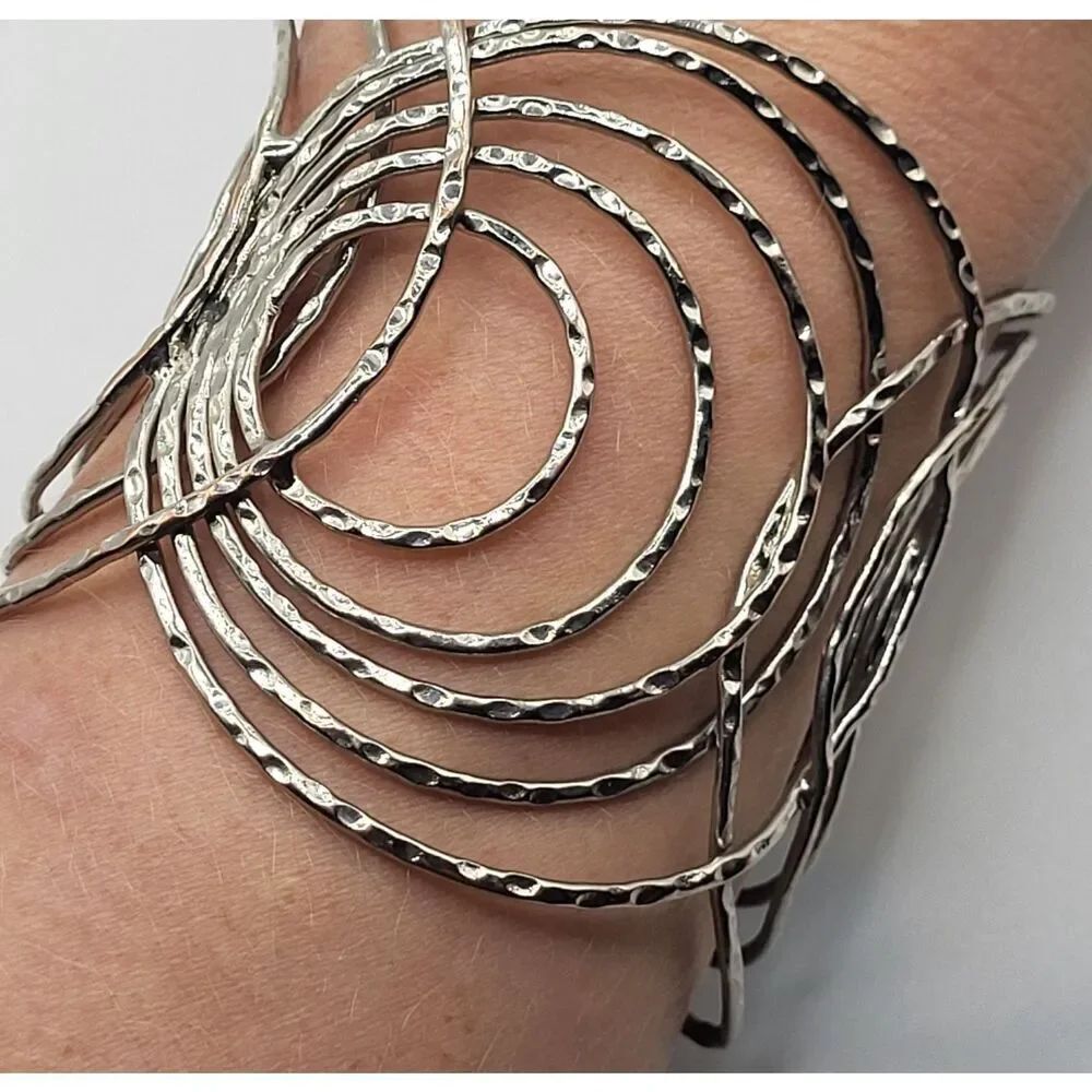 Hammered Modernist Silver tone Interlocking Bracelet Bangle